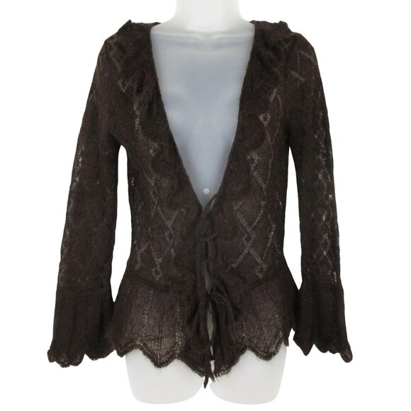 Laundry by Shelli Segal Mohair Blend Ruffle Tie Cardigan Brown Romantic Fairy - Picture 1 of 8